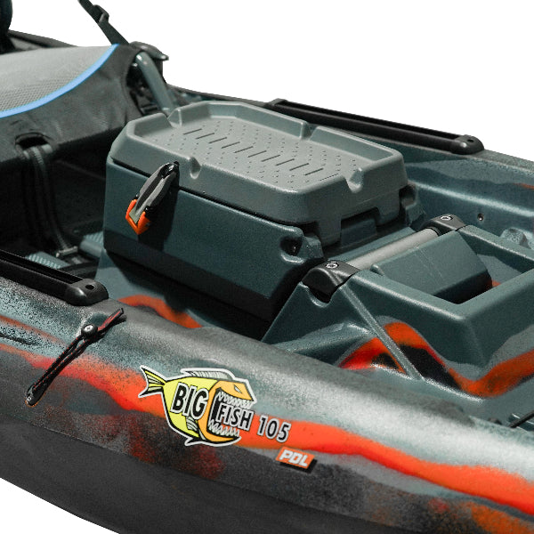 big fish box Streamer Fly pivoting swing trays instead of stacked cantilever trays open with single finger operation and eliminate the need to double the footprint and expand out linked trays in order to access one piece of tackle Big Five" Ocean Box -