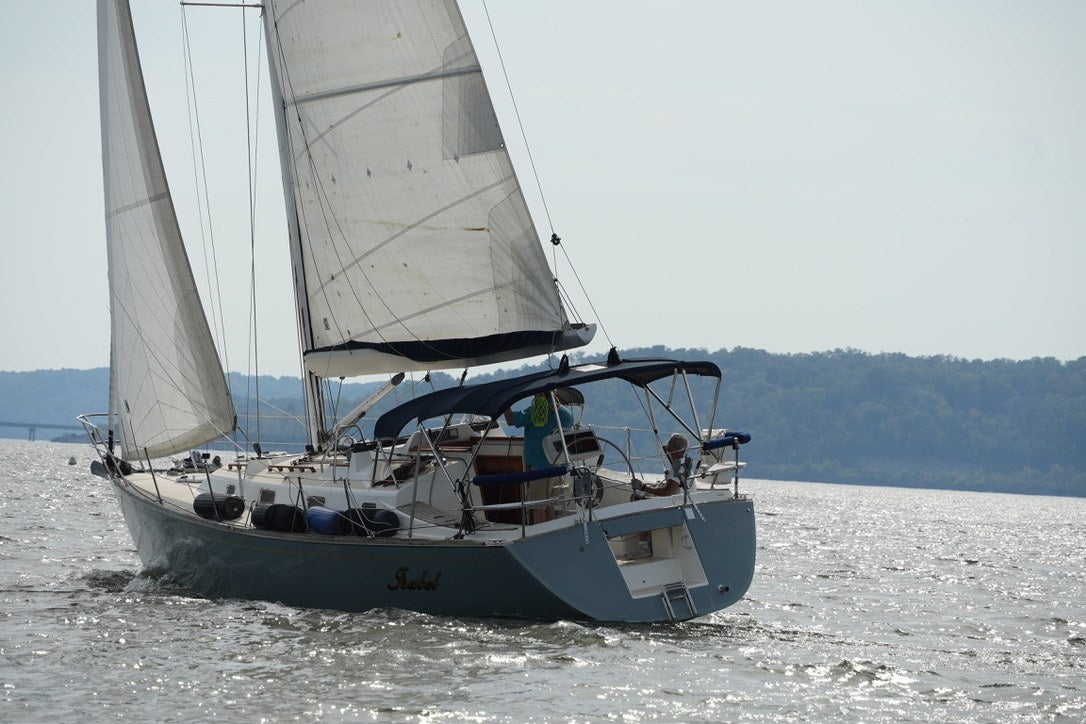 A sailboat with white sails and a blue cockpit canopy crosses a sunlit lake.