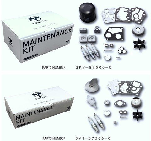 Genuine Tohatsu maintenance kit for 20 HP-and-under outboards, part 31H875000M; exact contents vary by part number